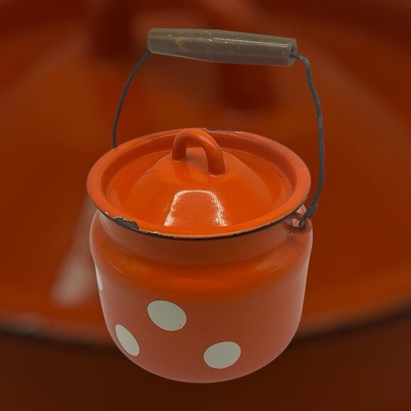 Enamel VTG  6 Inch High Mllk Can or Milk Churn Red/Orange w/White Polka Dots - Picture 2 of 16